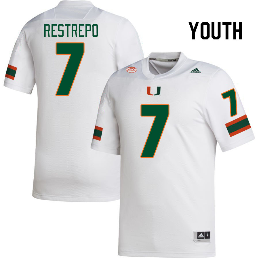 Youth #7 Xavier Restrepo Miami Hurricanes College Football Jerseys Stitched-White - Click Image to Close